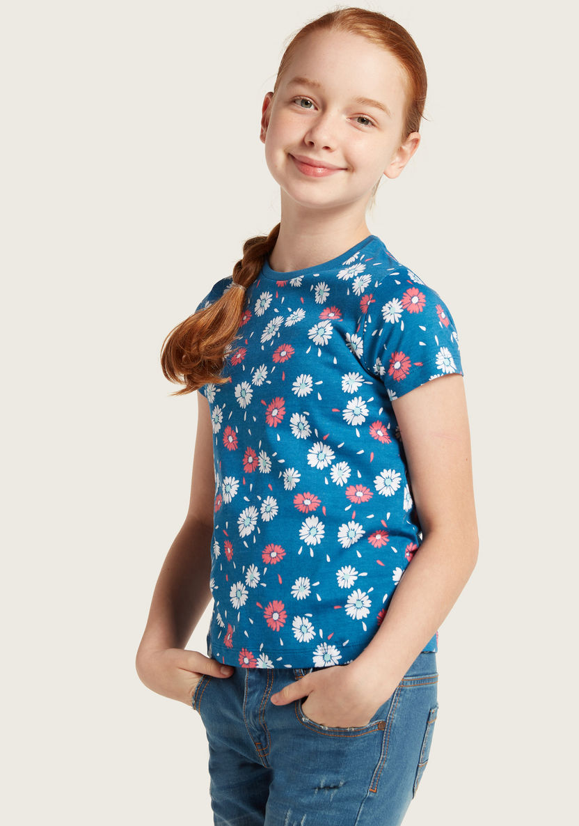 Juniors All Over Floral Print Crew Neck T-shirt with Short Sleeves-T Shirts-image-0