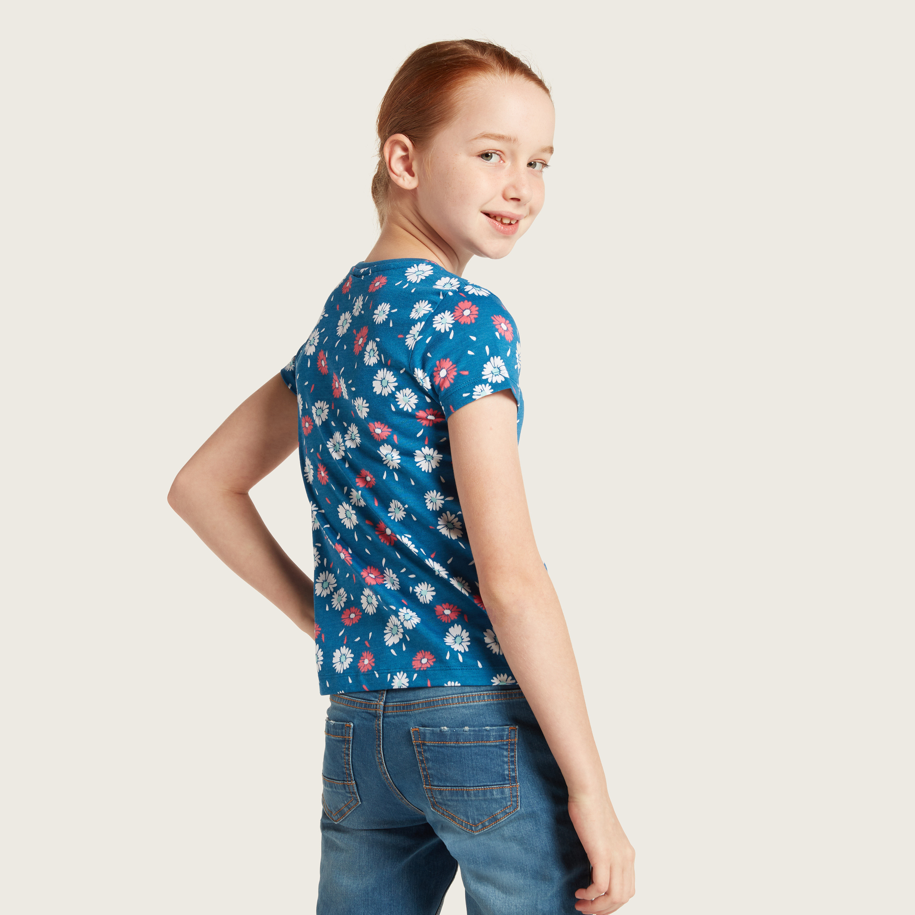 Juniors All Over Floral Print Crew Neck T-shirt with Short Sleeves-girls-clothing-schoolwear-tshirts-image-4