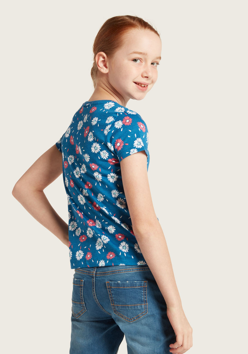 Juniors All Over Floral Print Crew Neck T-shirt with Short Sleeves-T Shirts-image-3
