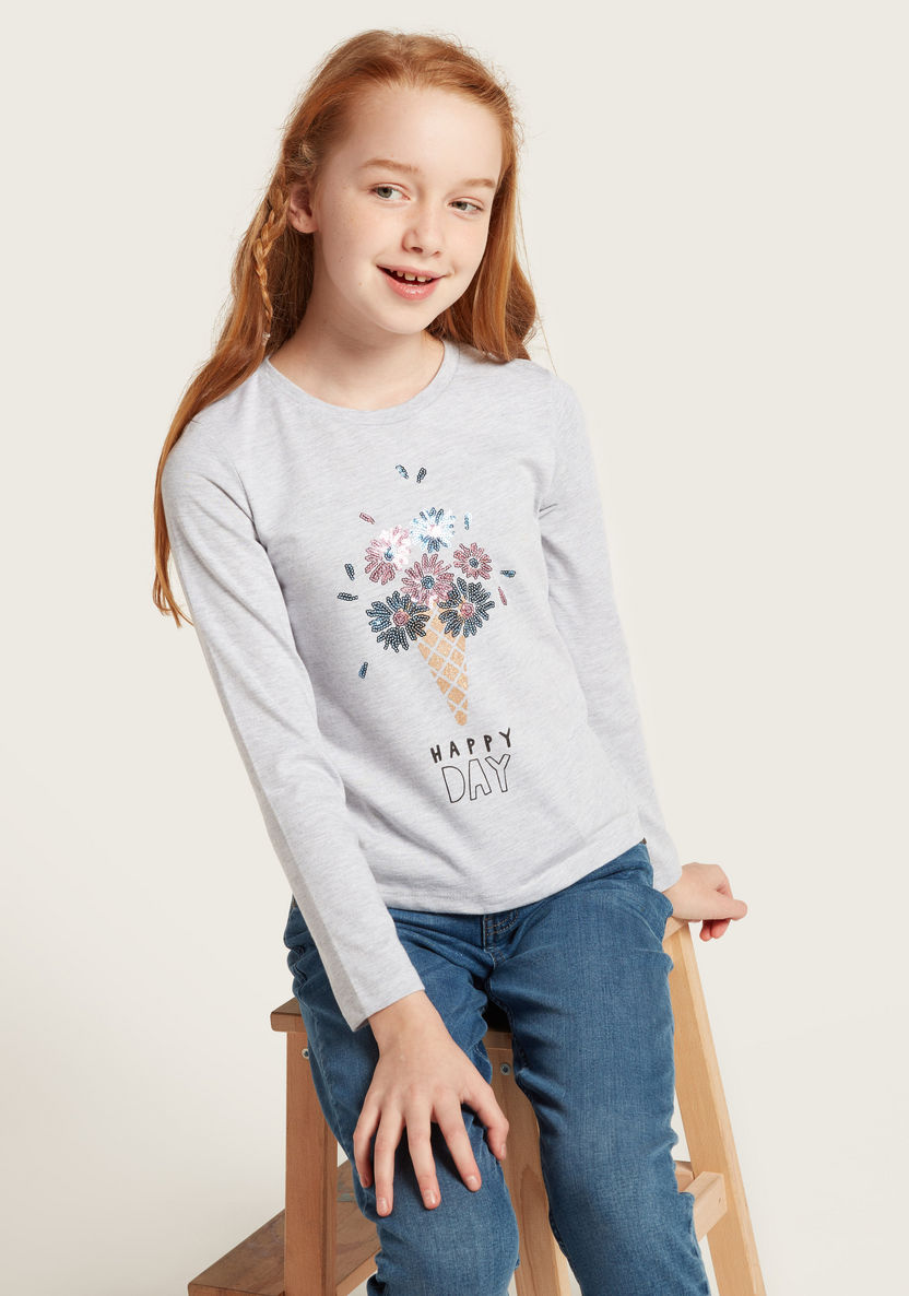 Juniors Embellished Round Neck T-shirt with Long Sleeves-T Shirts-image-0