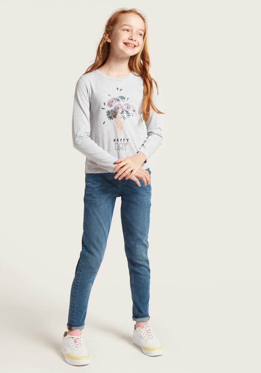 Juniors Embellished Round Neck T-shirt with Long Sleeves-T Shirts-image-1