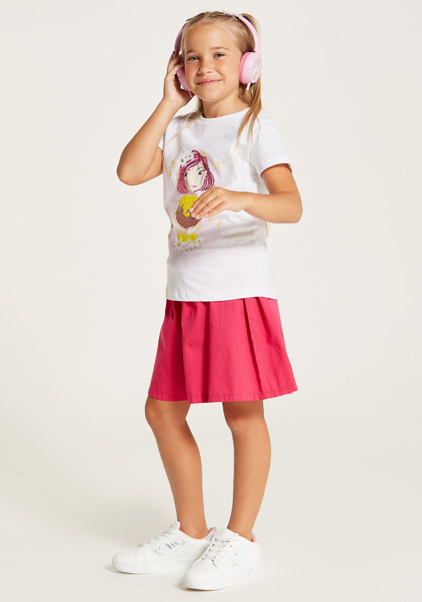Juniors Graphic Print Round Neck T-shirt with Short Sleeves and Sequin Detail-T Shirts-image-0