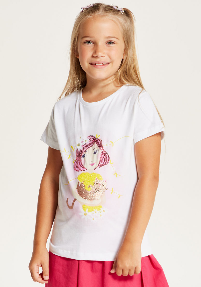 Juniors Graphic Print Round Neck T-shirt with Short Sleeves and Sequin Detail-T Shirts-image-1