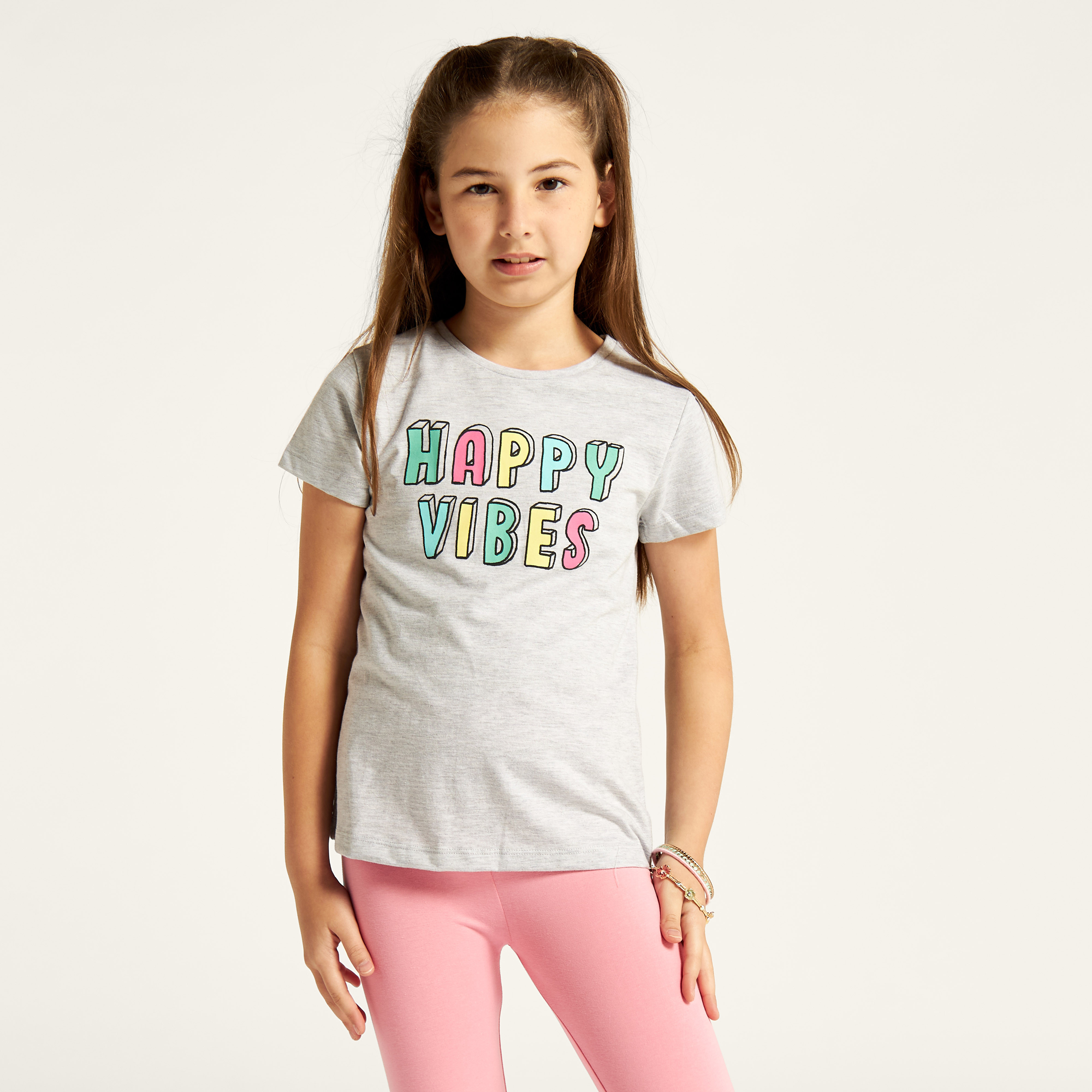 Juniors Typographic Print Crew Neck T-shirt with Short Sleeves-girls-clothing-schoolwear-tshirts-image-1