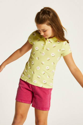 Juniors Floral Print Polo T-shirt with Short Sleeves
