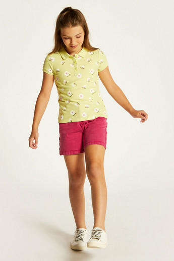 Juniors Floral Print Polo T-shirt with Short Sleeves