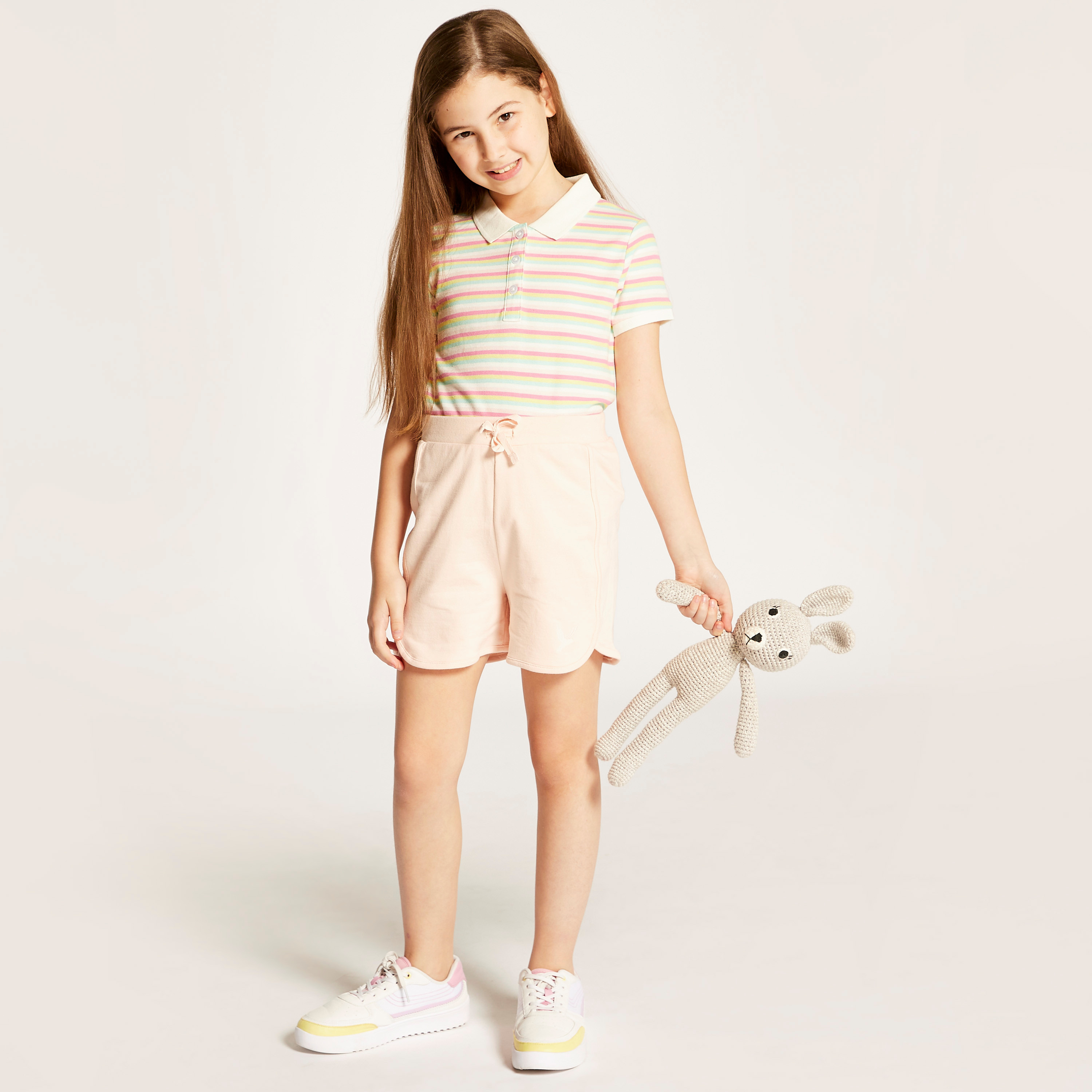 Juniors Striped Polo Neck T-shirt with Short Sleeves-girls-clothing-schoolwear-tshirts-image-1