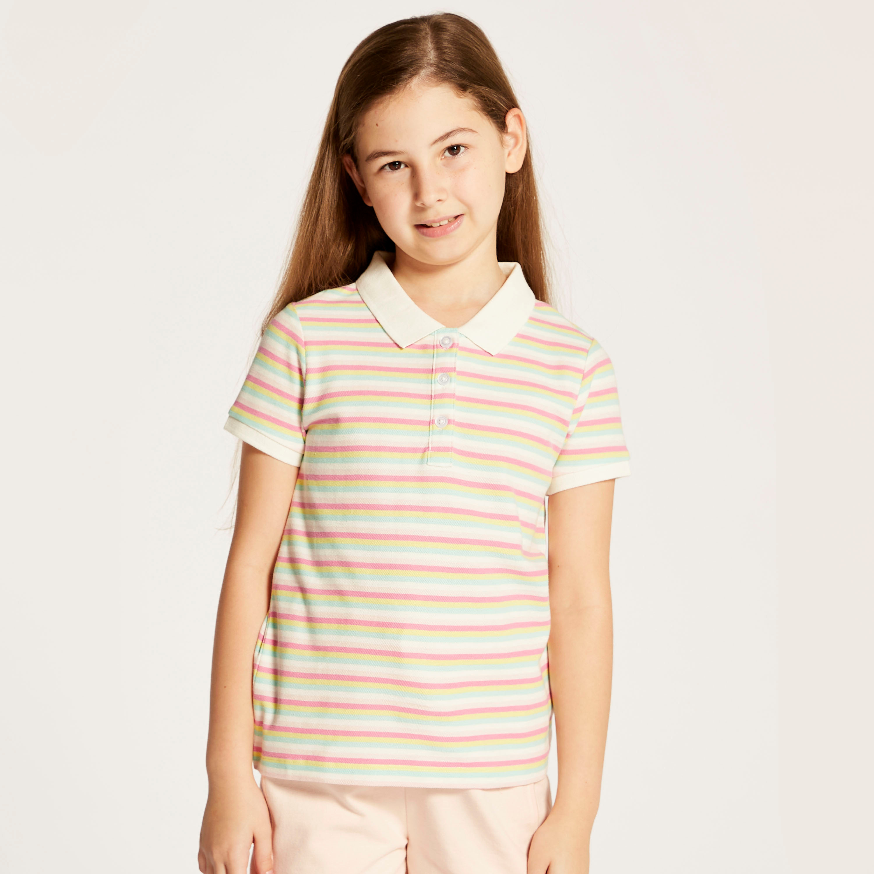 Juniors Striped Polo Neck T-shirt with Short Sleeves-girls-clothing-schoolwear-tshirts-image-2