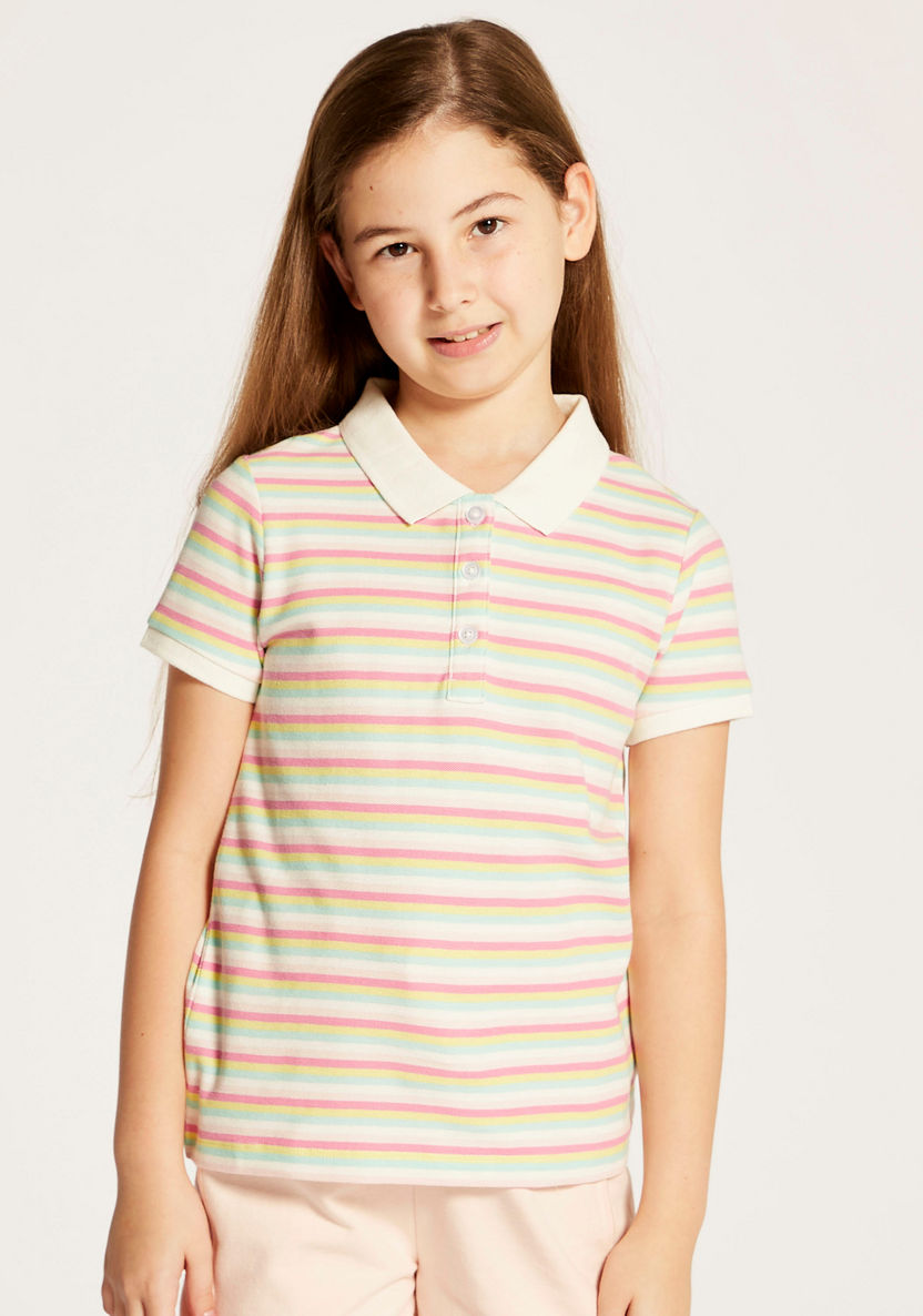 Juniors Striped Polo Neck T-shirt with Short Sleeves-T Shirts-image-1