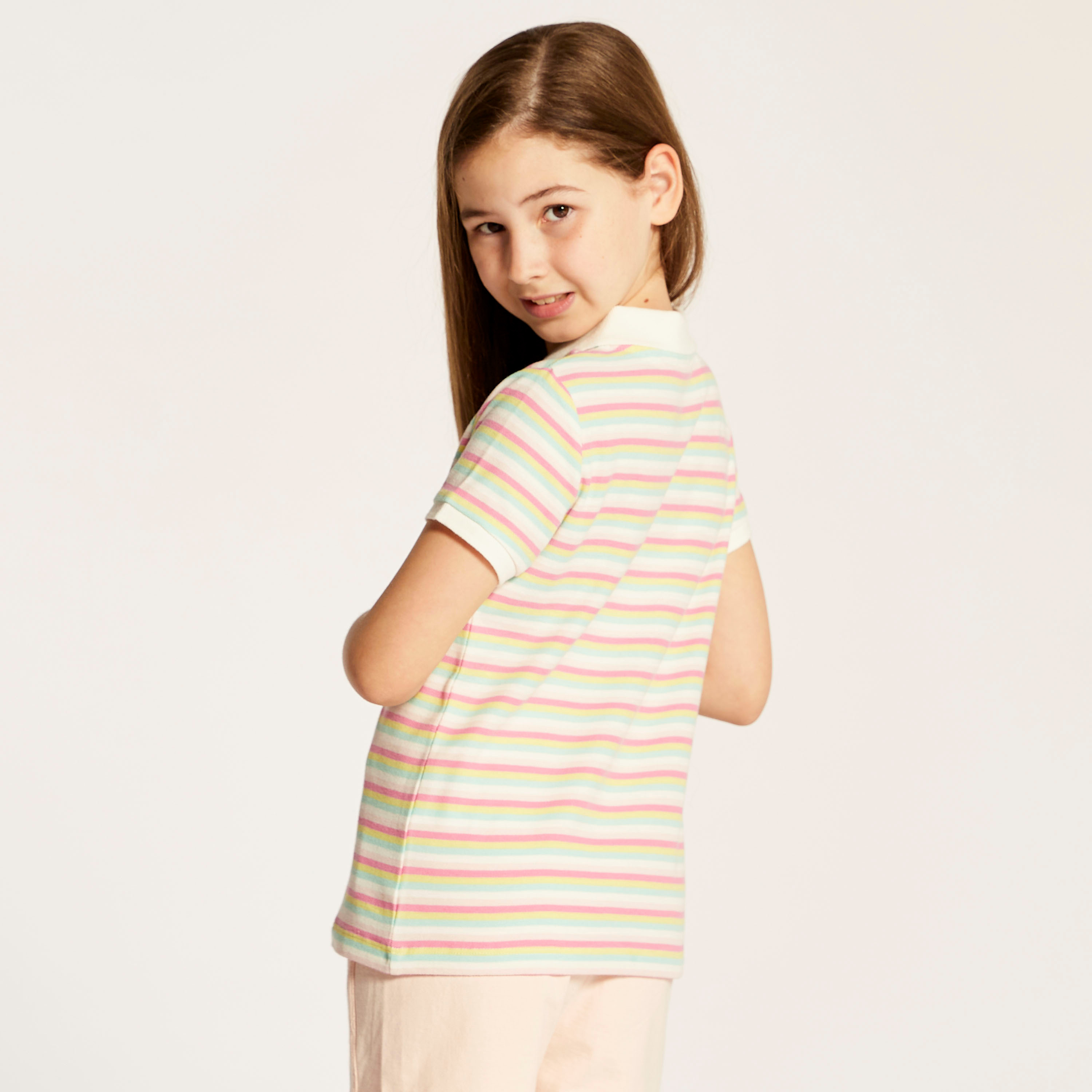 Juniors Striped Polo Neck T-shirt with Short Sleeves-girls-clothing-schoolwear-tshirts-image-4