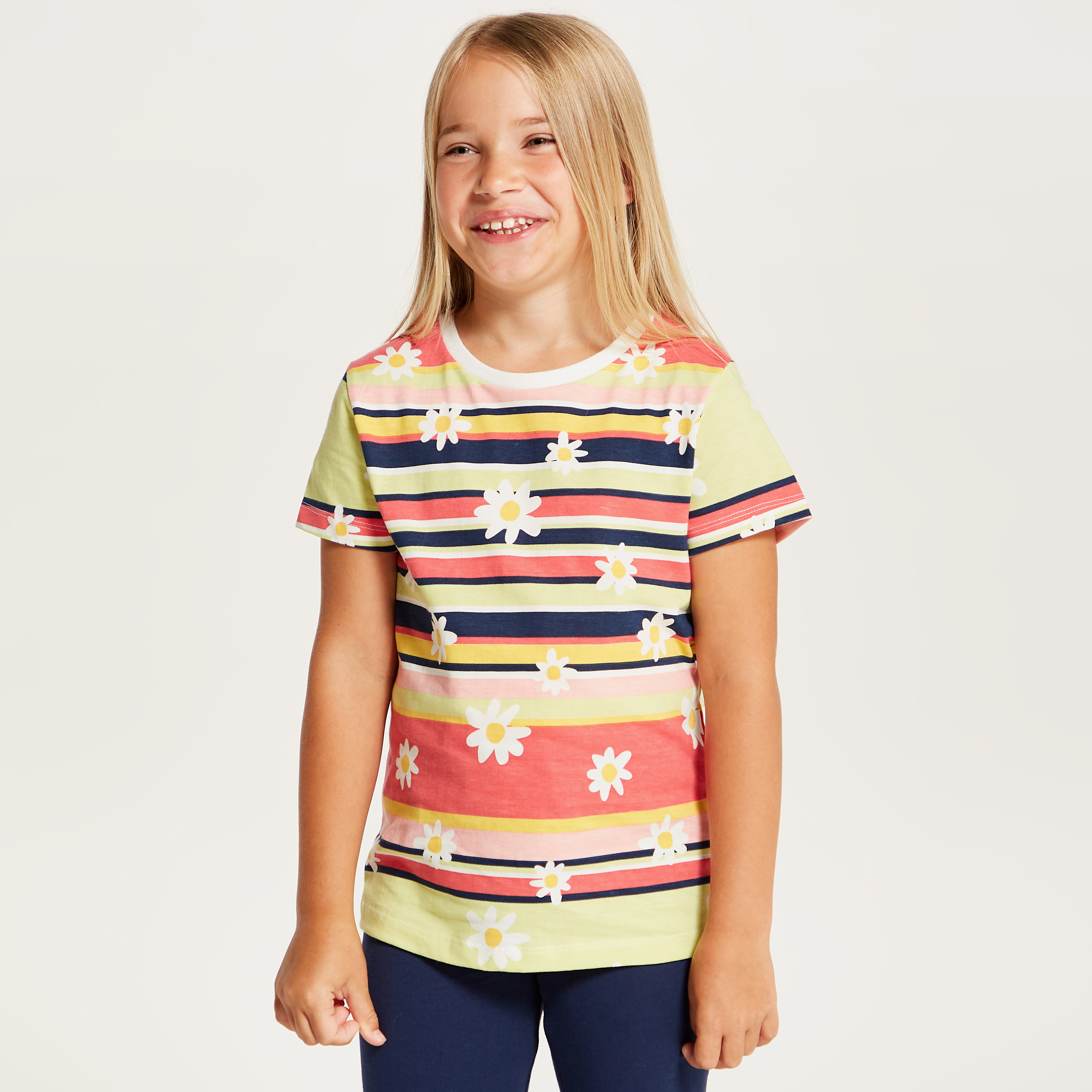 Juniors Floral Printed Round Neck T-Shirt with Short Sleeves-girls-clothing-schoolwear-tshirts-image-1