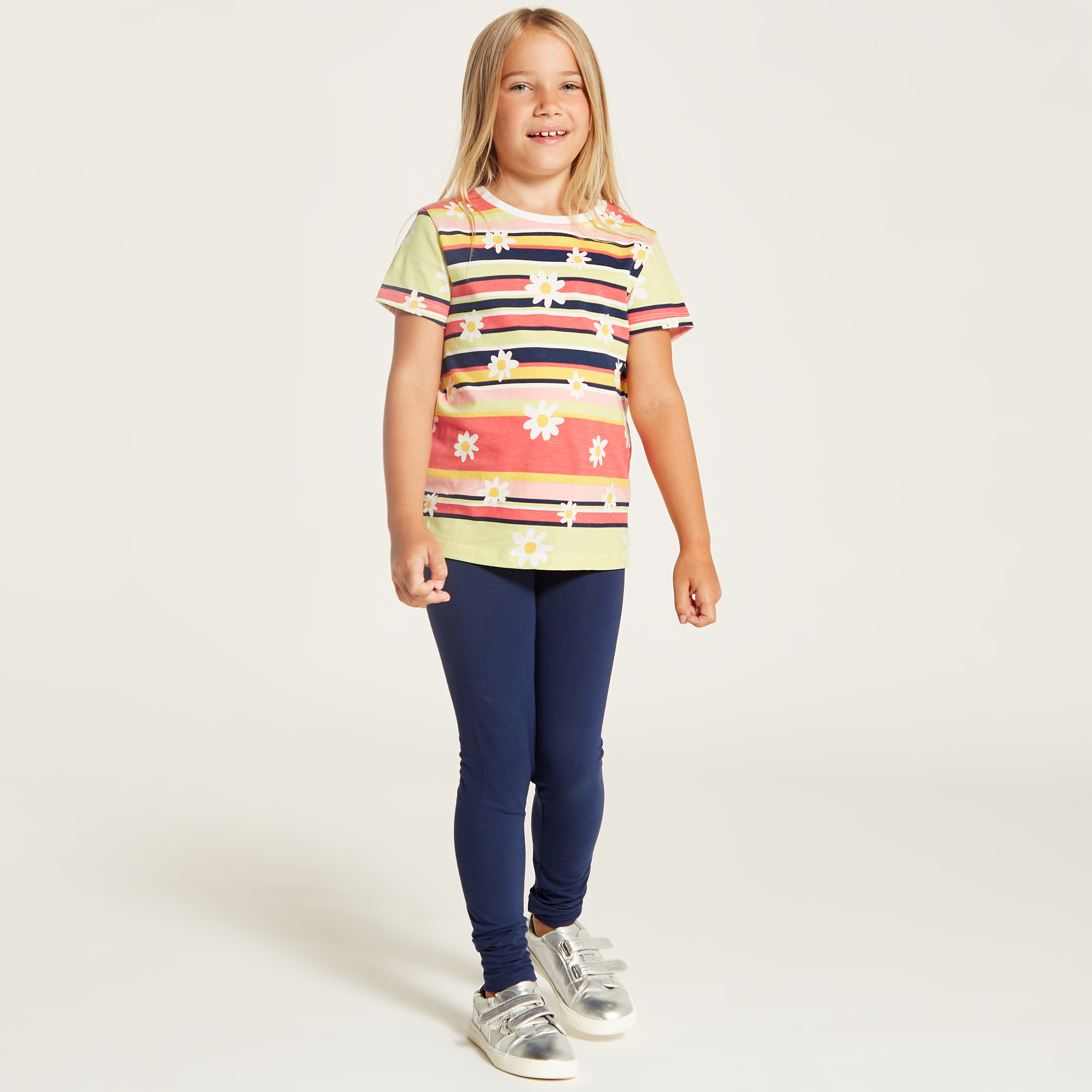 Juniors Floral Printed Round Neck T-Shirt with Short Sleeves-girls-clothing-schoolwear-tshirts-image-2