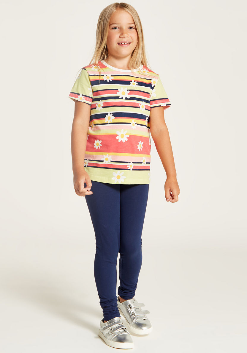 Juniors Floral Printed Round Neck T-shirt with Short Sleeves-T Shirts-image-1