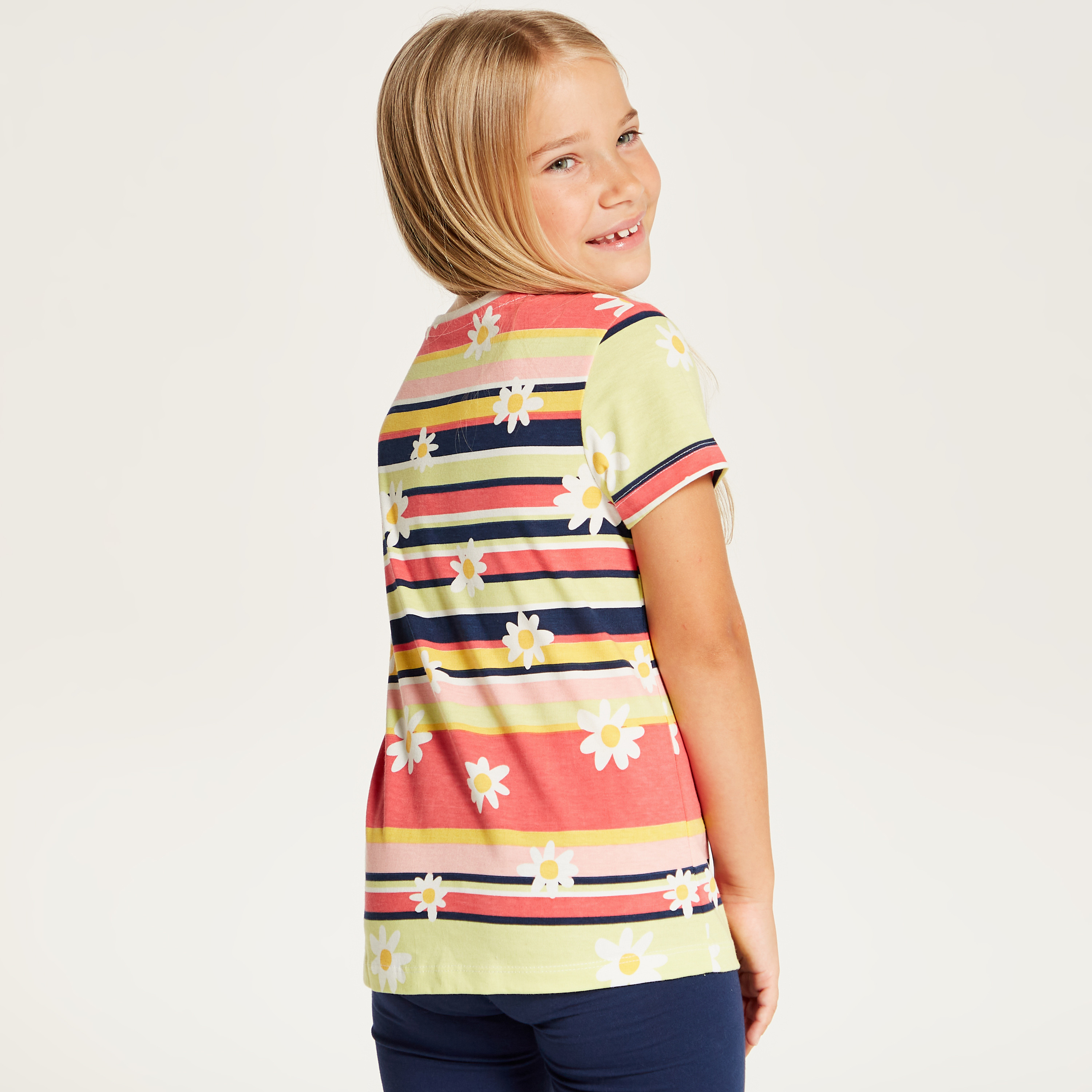 Juniors Floral Printed Round Neck T-Shirt with Short Sleeves-girls-clothing-schoolwear-tshirts-image-4