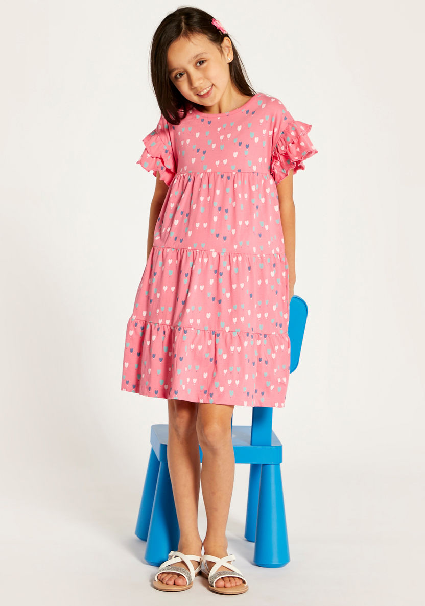 Juniors Heart Print Round Neck Dress with Frill Detail Sleeves-Dresses%2C Gowns and Frocks-image-0