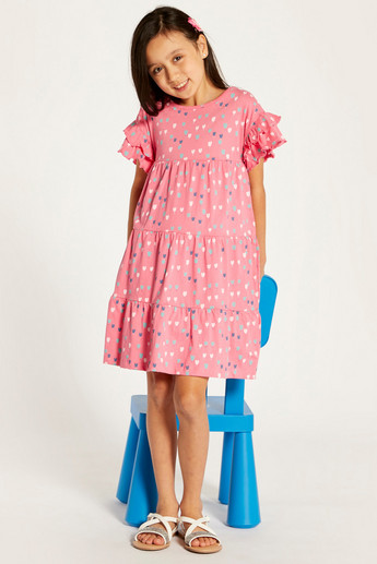 Juniors Heart Print Round Neck Dress with Frill Detail Sleeves