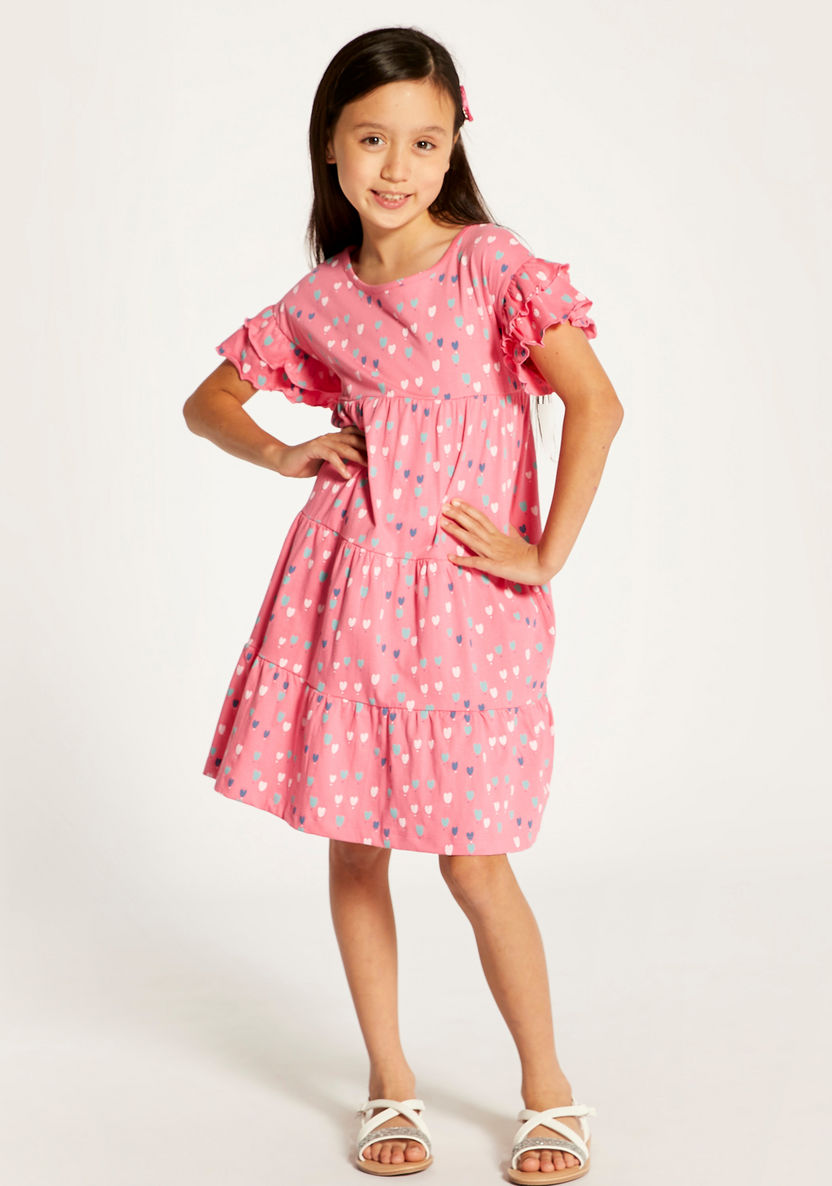 Juniors Heart Print Round Neck Dress with Frill Detail Sleeves-Dresses%2C Gowns and Frocks-image-1