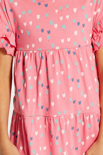 Juniors Heart Print Round Neck Dress with Frill Detail Sleeves