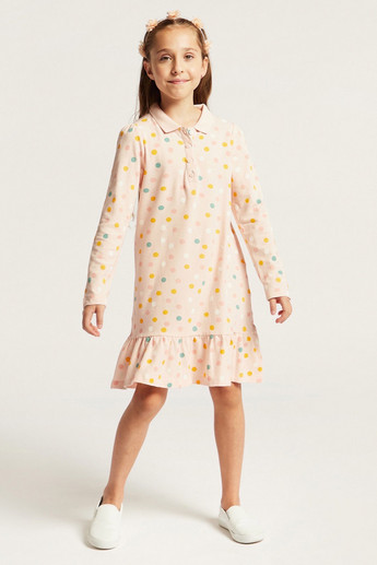 Juniors All-Over Polka Dot Print Knit Dress with Long Sleeves
