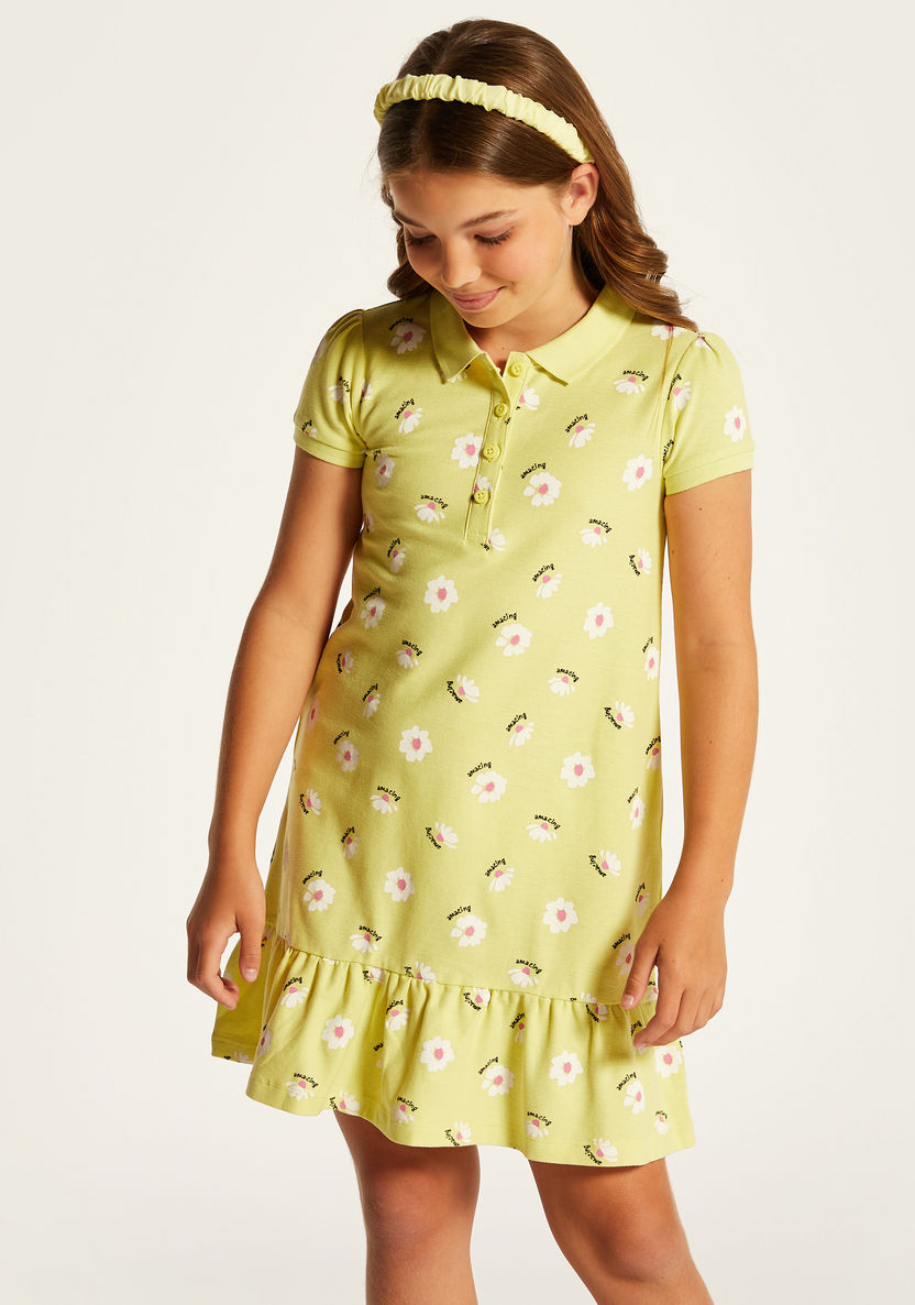 Juniors Floral Print Polo Dress with Short Sleeves-Dresses%2C Gowns and Frocks-image-0
