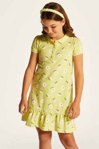 Juniors Floral Print Polo Dress with Short Sleeves