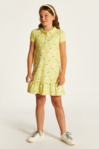 Juniors Floral Print Polo Dress with Short Sleeves