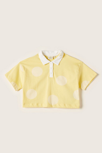 Juniors Polka Dots Print Polo T-shirt with Short Sleeves