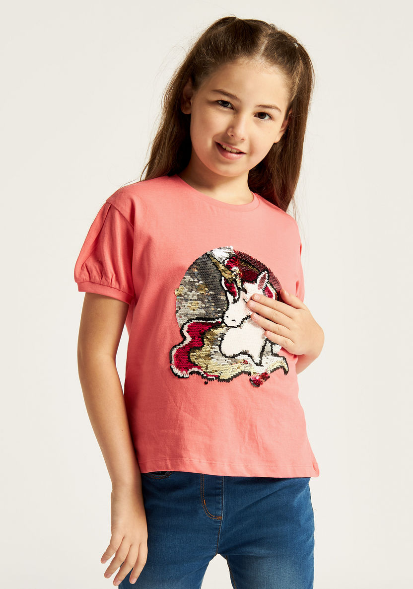 Juniors Unicorn Sequin Embellished Crew Neck T-shirt with Short Sleeves-T Shirts-image-1