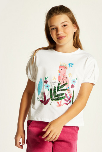 Juniors Embellished Crew Neck T-shirt with Short Sleeves