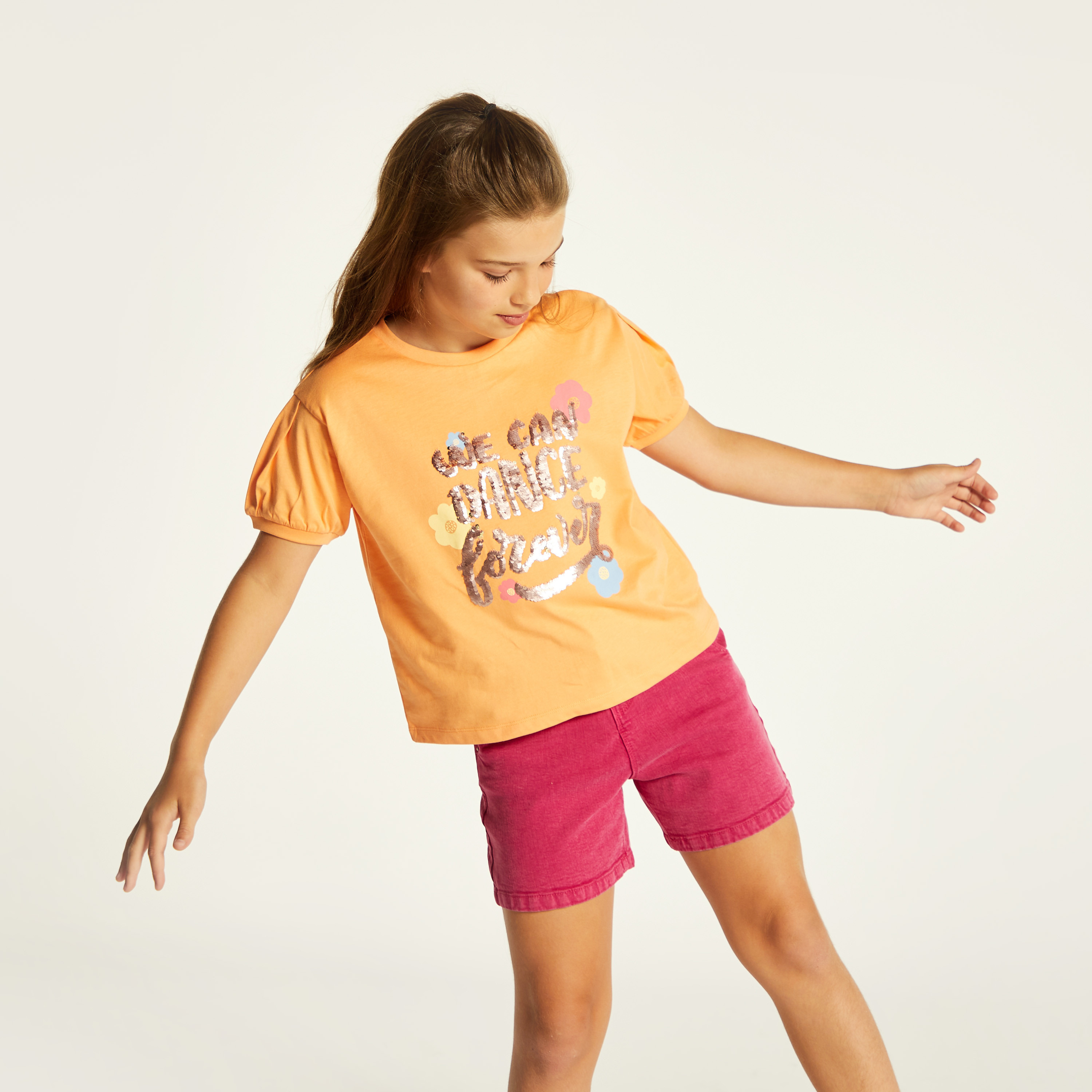 Juniors Embellished Crew Neck T-shirt with Short Sleeves-girls-clothing-schoolwear-tshirts-image-1