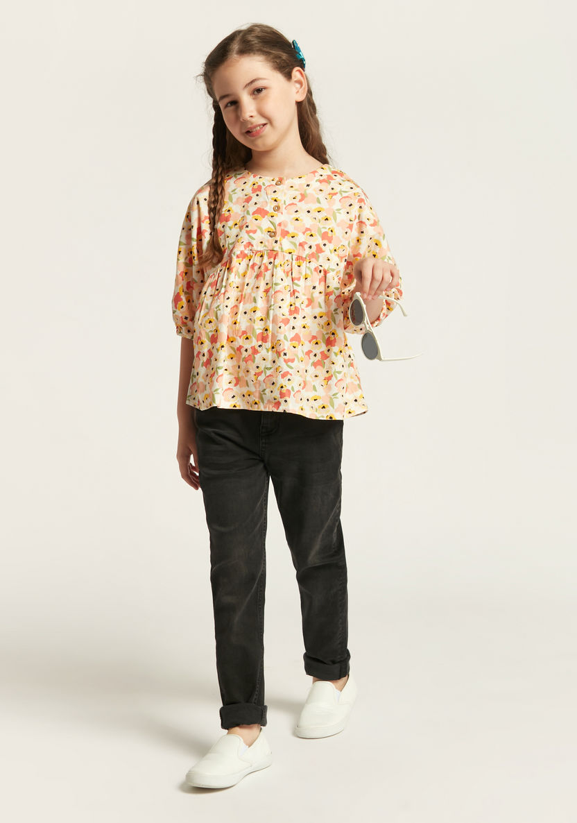 Juniors All-Over Floral Print A-Line Blouse with Half Sleeves-Blouses-image-1