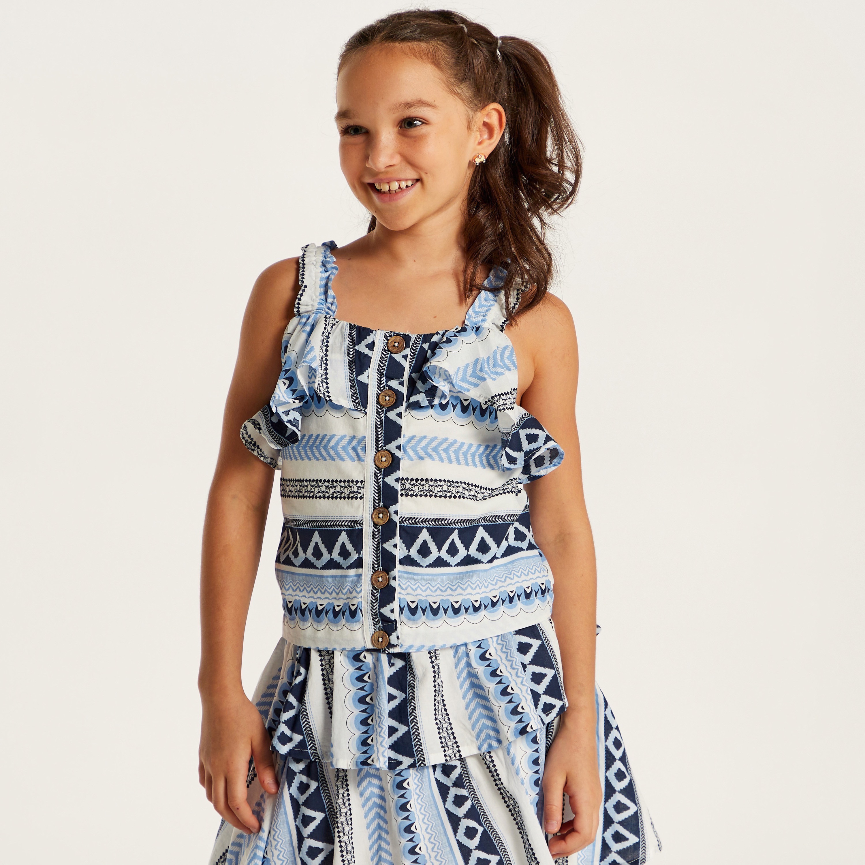 Juniors Printed Sleeveless Top with Ruffles and Button Detail-girls-clothing-blousesandshirts-image-2