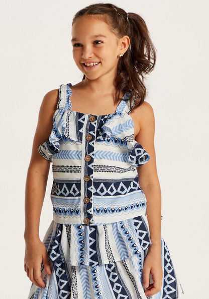 Juniors Printed Sleeveless Top with Ruffles and Button Detail-Blouses-image-1