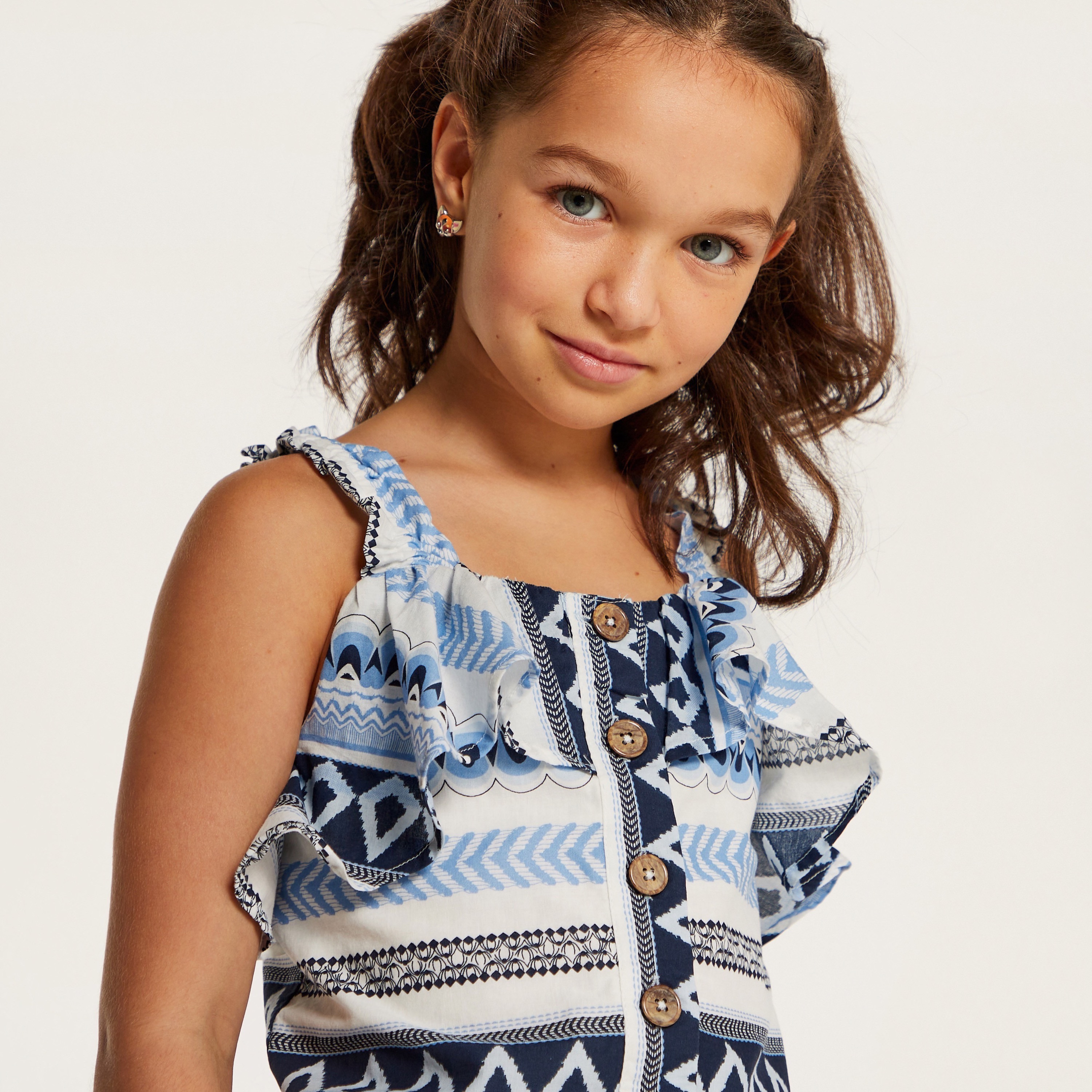 Juniors Printed Sleeveless Top with Ruffles and Button Detail-girls-clothing-blousesandshirts-image-3