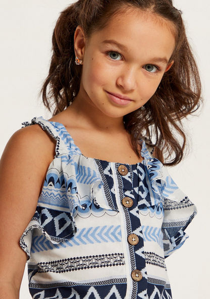 Juniors Printed Sleeveless Top with Ruffles and Button Detail-Blouses-image-2