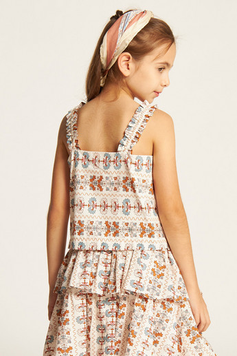 Juniors Floral Sleeveless Top with Frill Detail and Button Accent