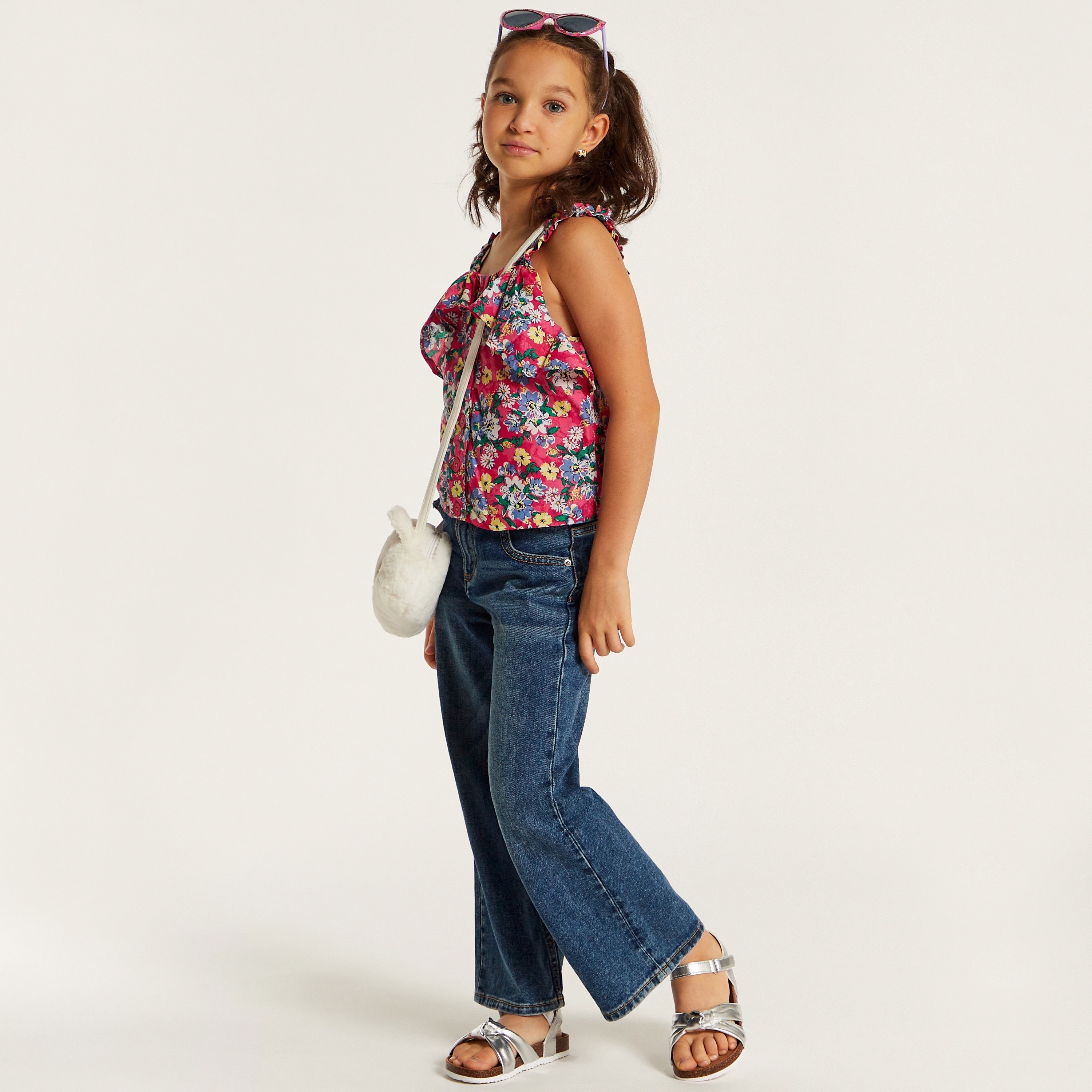 Juniors Floral Print Sleeveless Top with Ruffles and Button Detail-girls-clothing-blousesandshirts-image-1