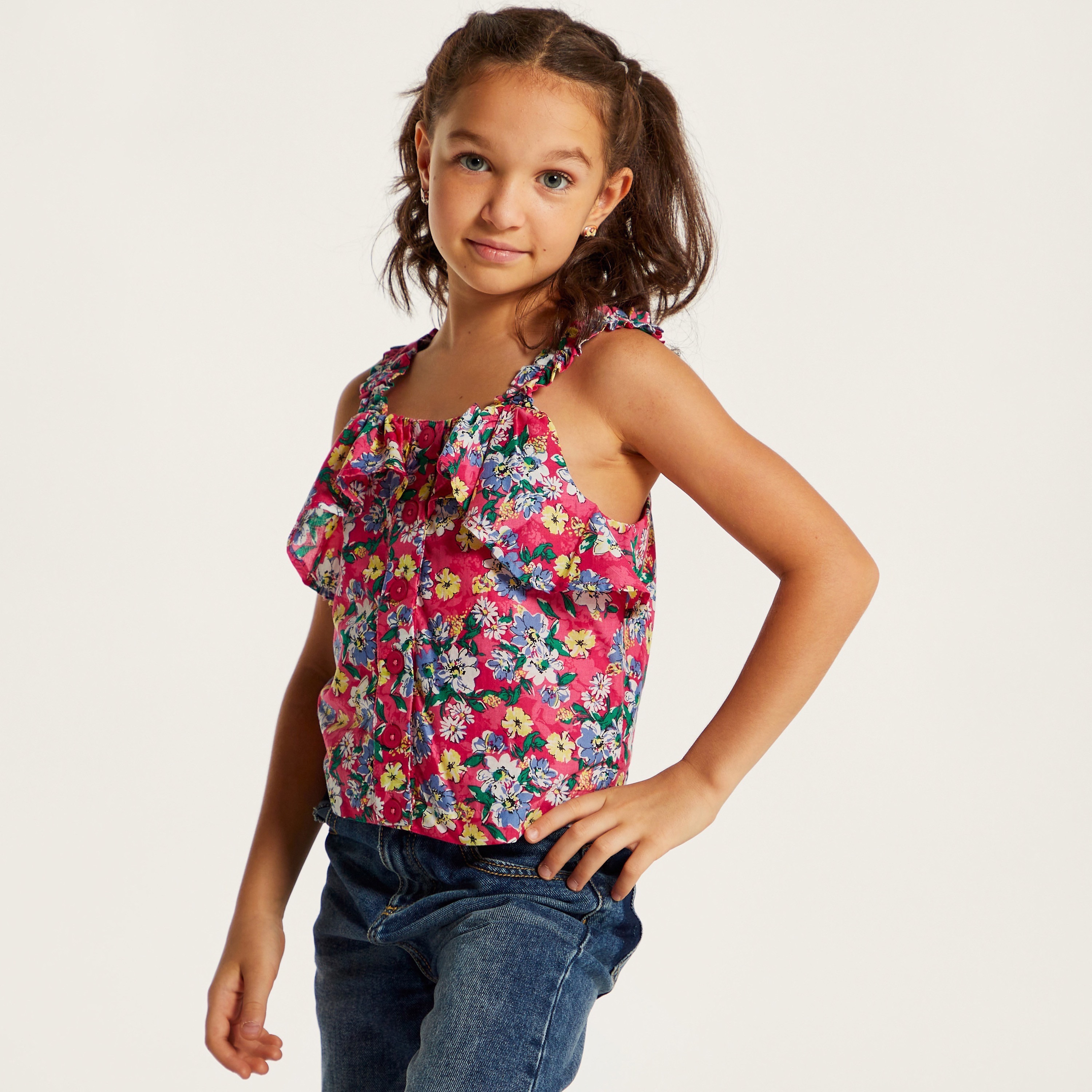 Juniors Floral Print Sleeveless Top with Ruffles and Button Detail-girls-clothing-blousesandshirts-image-2
