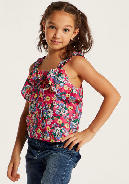 Juniors Floral Print Sleeveless Top with Ruffles and Button Detail-Blouses-image-1