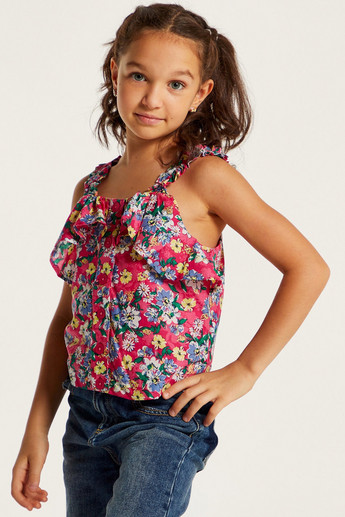 Juniors Floral Print Sleeveless Top with Ruffles and Button Detail
