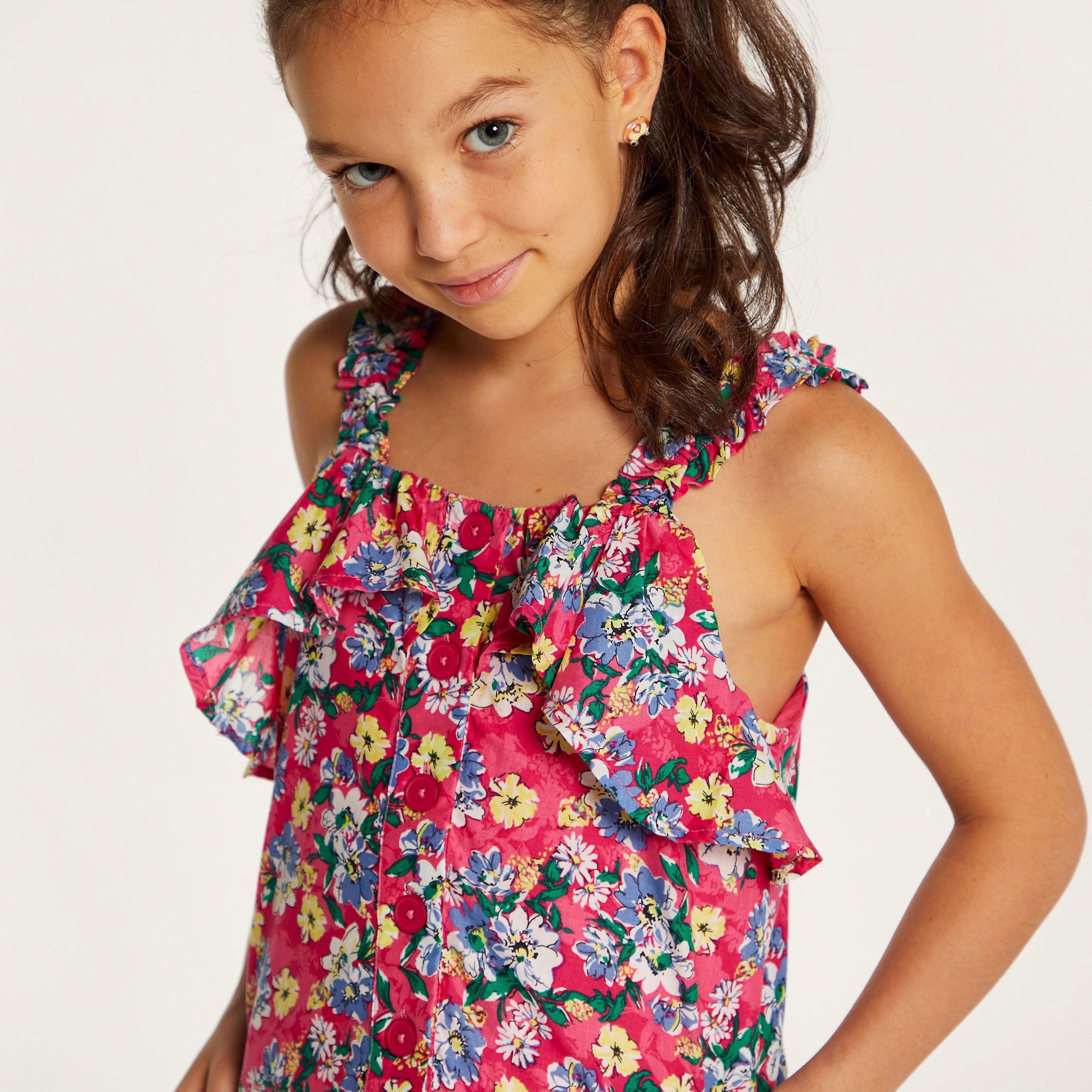 Juniors Floral Print Sleeveless Top with Ruffles and Button Detail-girls-clothing-blousesandshirts-image-3
