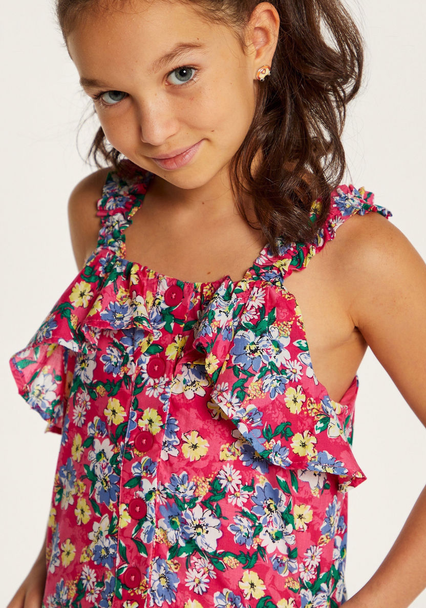 Juniors Floral Print Sleeveless Top with Ruffles and Button Detail-Blouses-image-2