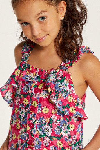 Juniors Floral Print Sleeveless Top with Ruffles and Button Detail