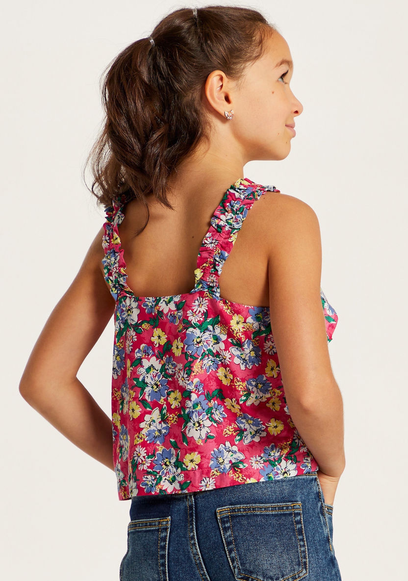 Juniors Floral Print Sleeveless Top with Ruffles and Button Detail-Blouses-image-3