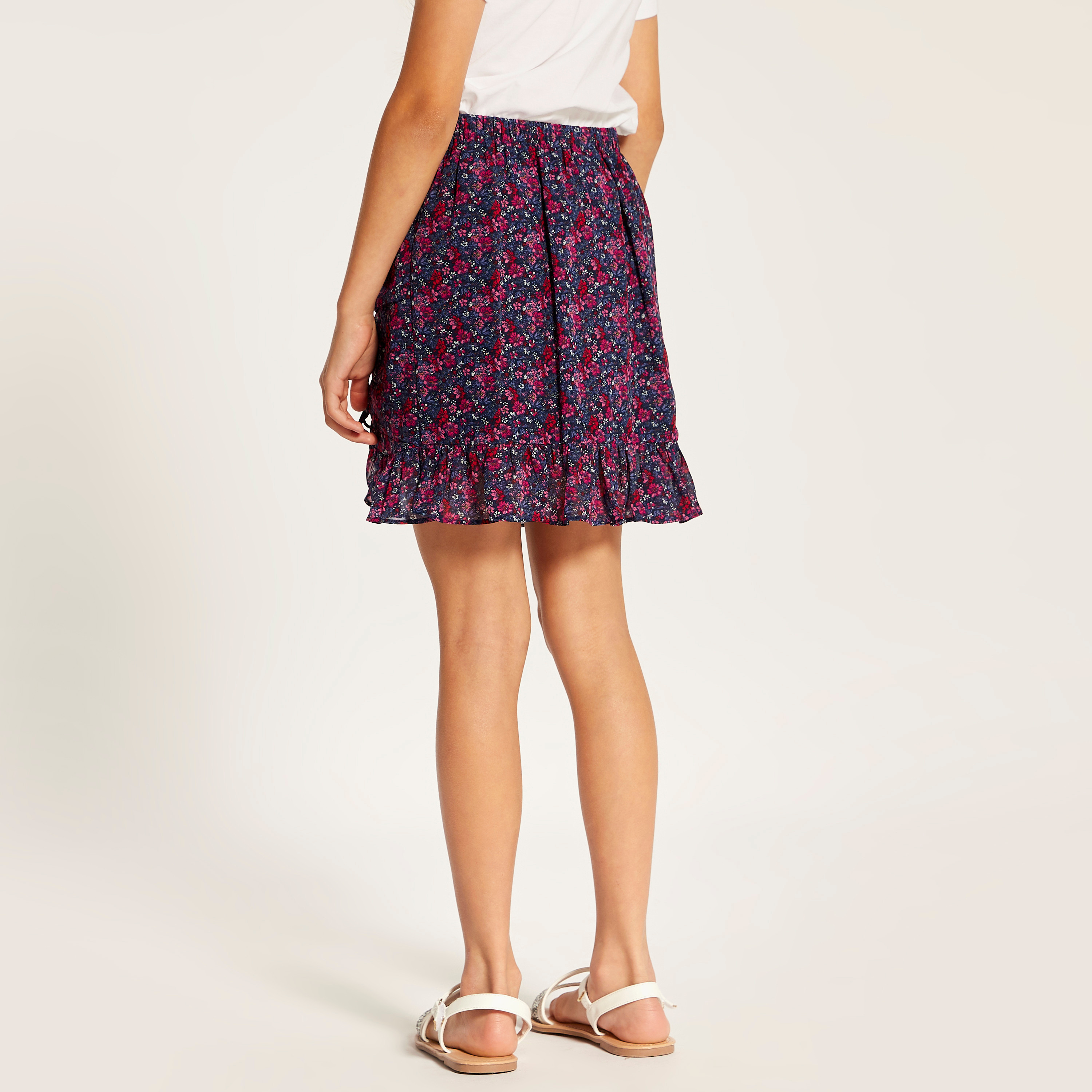 Juniors Floral Print Mini Skirt with Elasticated Waistband-girls-clothing-bottoms-skirts-image-4