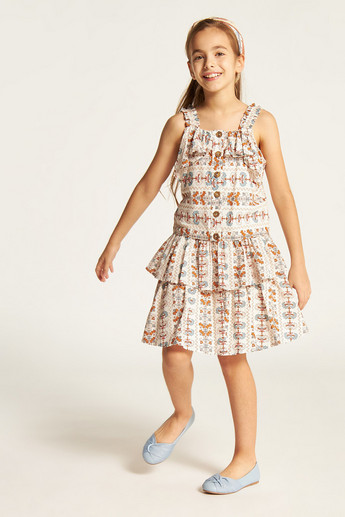 Juniors Printed Skirt with Ruffles and Shirred Detail