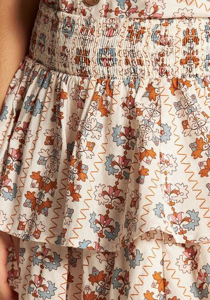 Juniors Printed Skirt with Ruffles and Shirred Detail
