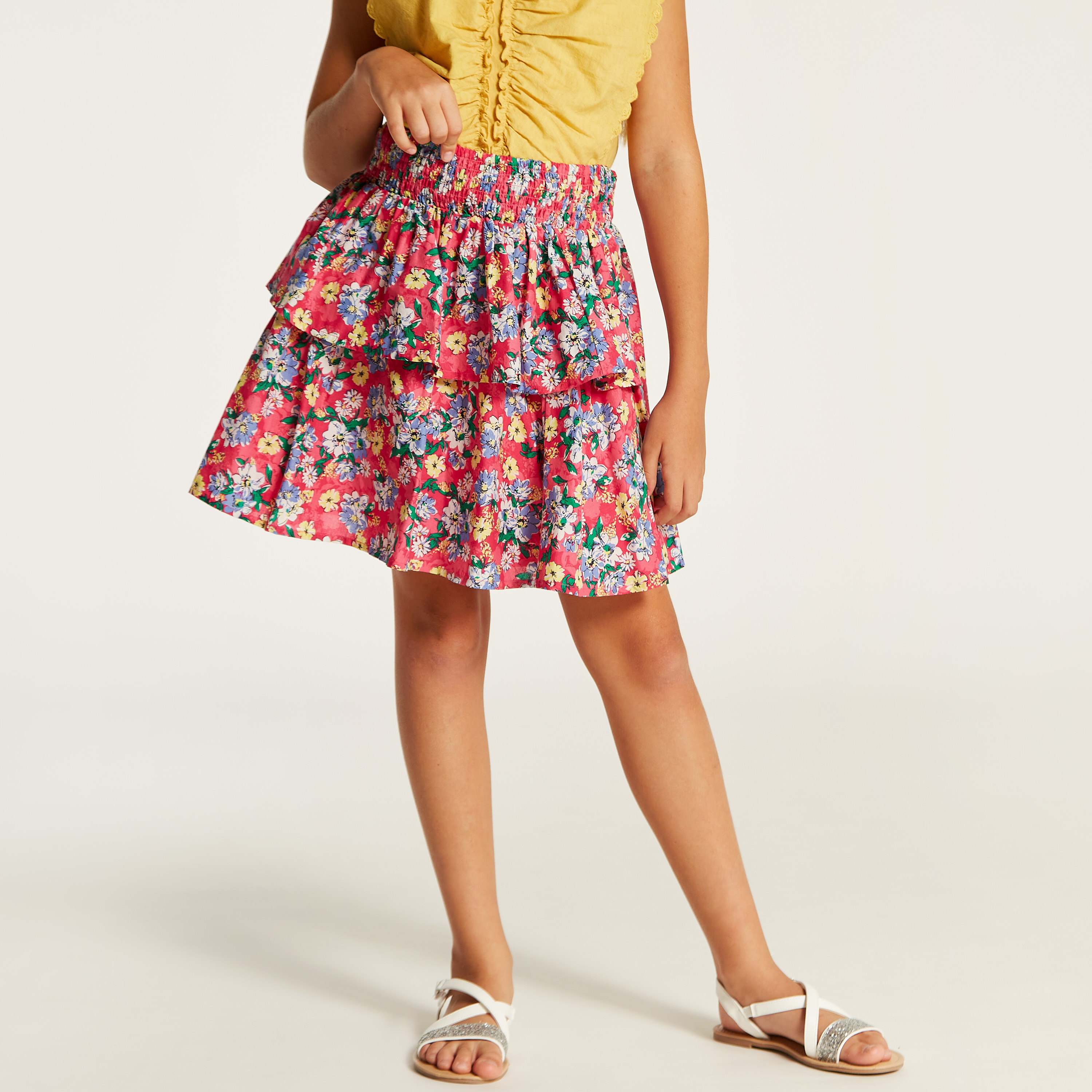Juniors Floral Print Tiered Skirt with Elasticated Waistband-girls-clothing-bottoms-skirts-image-2