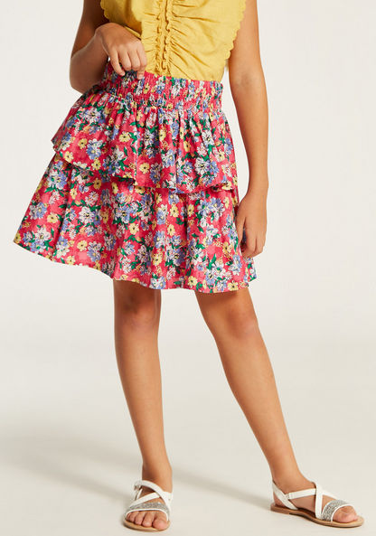 Juniors Floral Print Tiered Skirt with Elasticated Waistband-Skirts-image-1