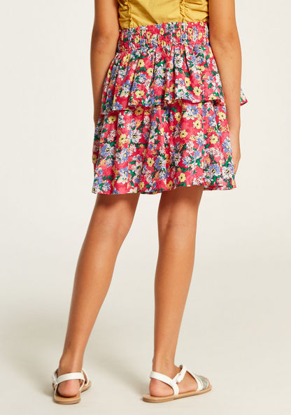 Juniors Floral Print Tiered Skirt with Elasticated Waistband-Skirts-image-3